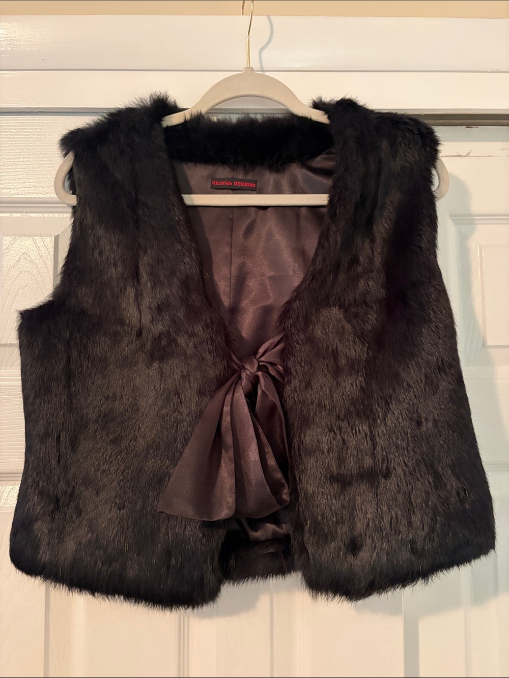 REDFish Design Black Rabbit Fur Vest with Satin Front Tie